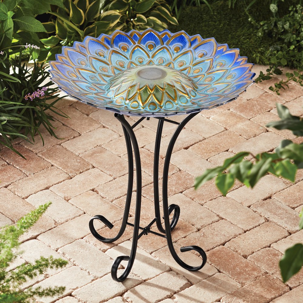 Solar Peacock Blue Geometric Glass Bird Bath with Stand. Picture 6