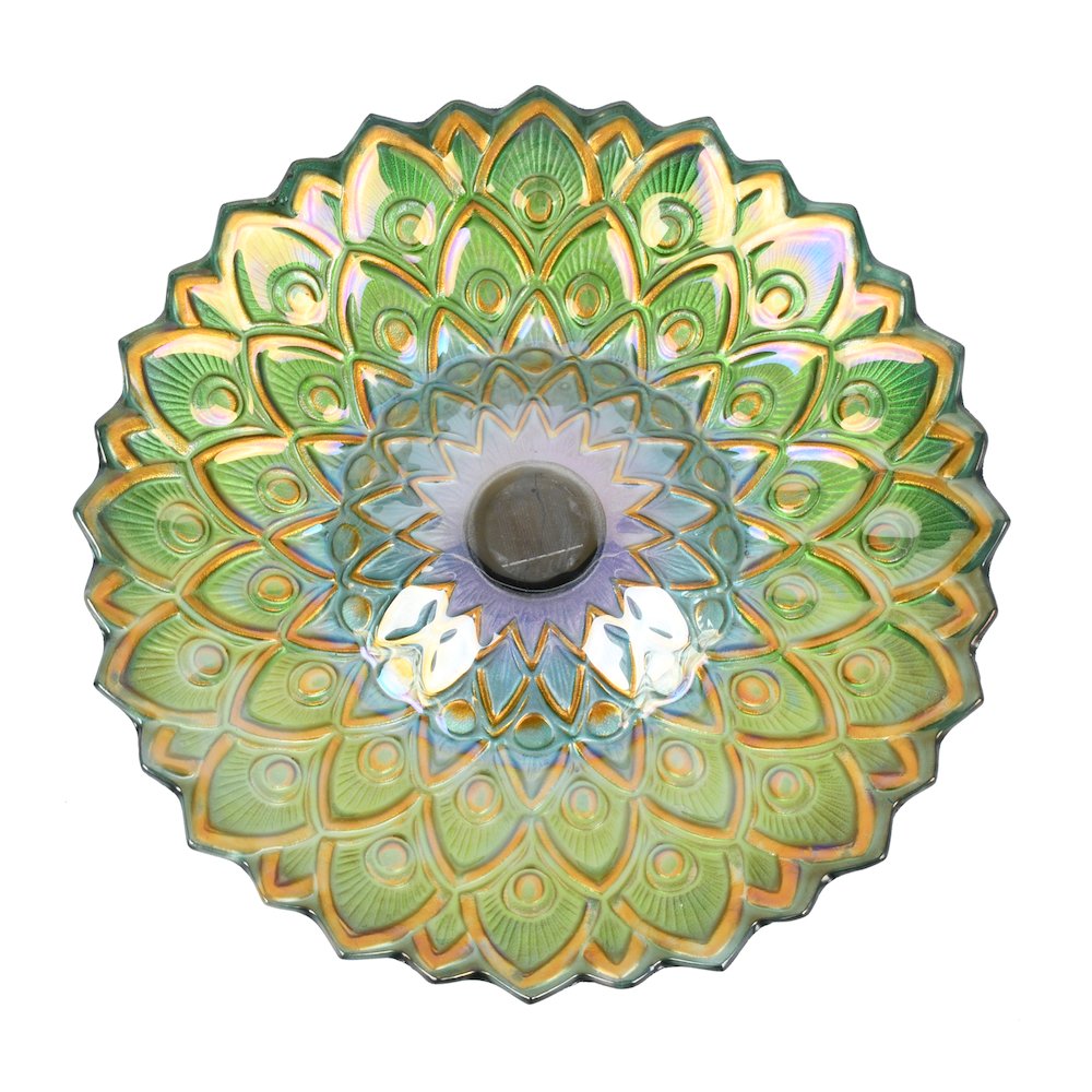 Solar Peacock Green Geometric Glass Bird Bath with Stand. Picture 4