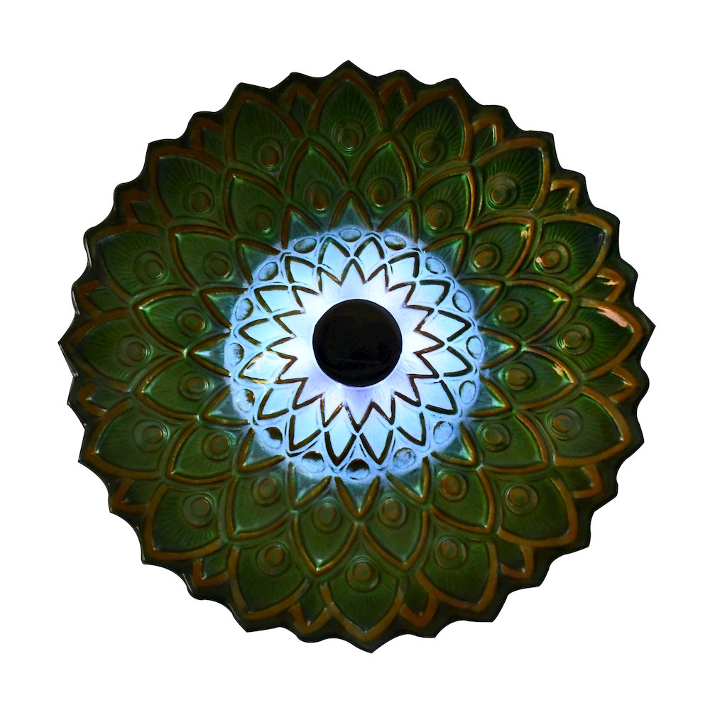 Solar Peacock Green Geometric Glass Bird Bath with Stand. Picture 3