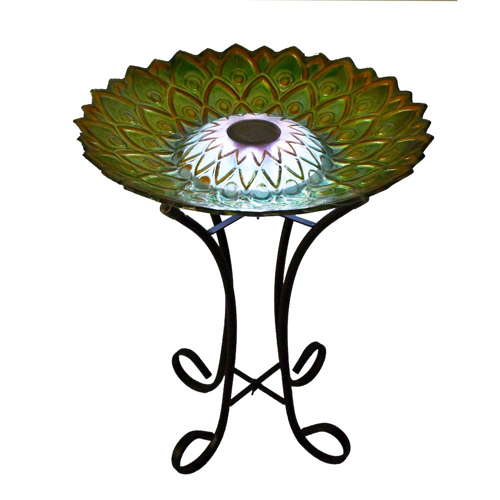 Solar Peacock Green Geometric Glass Bird Bath with Stand. Picture 2
