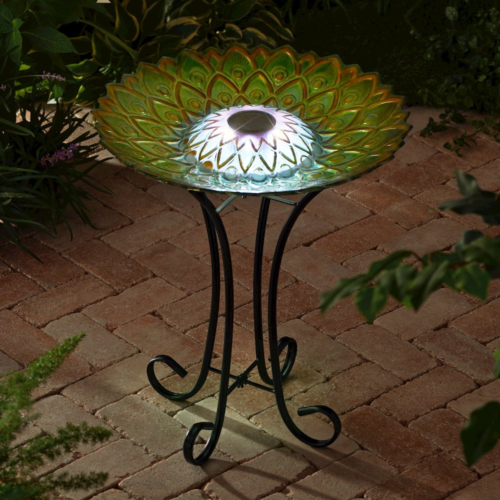 Solar Peacock Green Geometric Glass Bird Bath with Stand. Picture 7