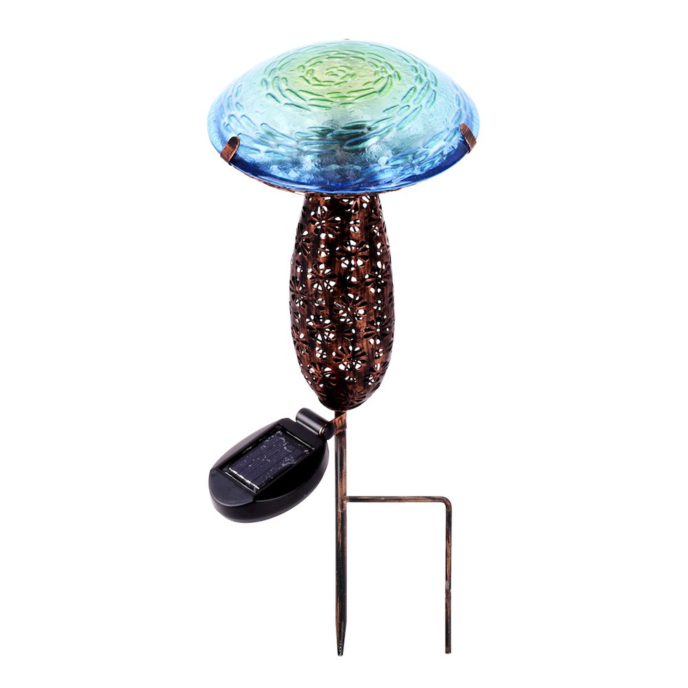 Metal And Glass Solar Mushroom Stake with LED - Blue. Picture 1