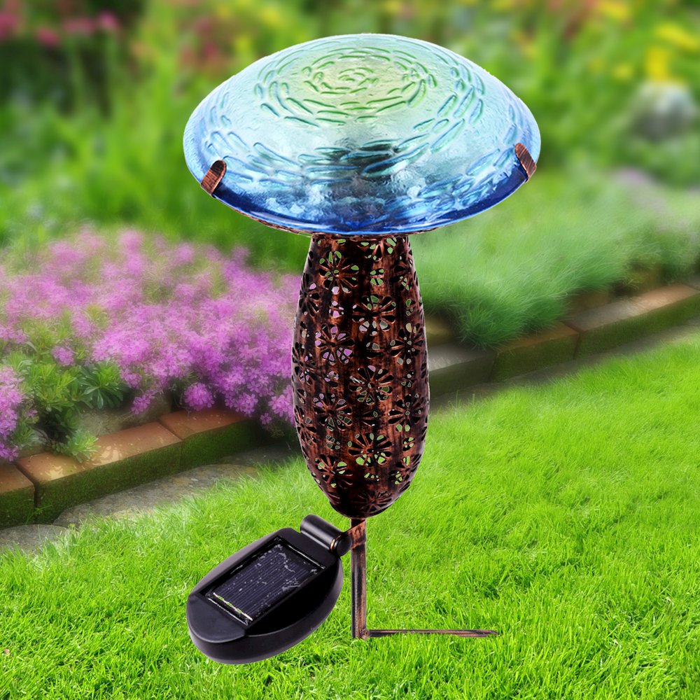 Metal And Glass Solar Mushroom Stake with LED - Blue. Picture 4