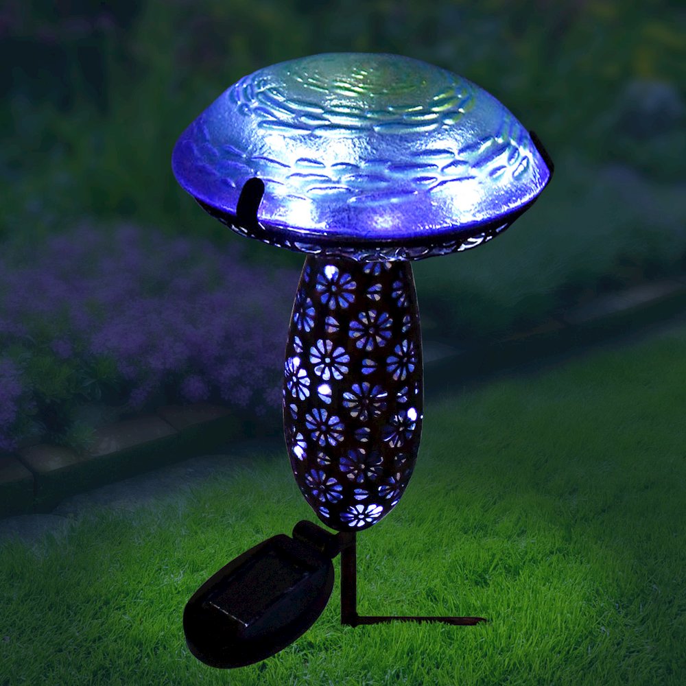 Metal And Glass Solar Mushroom Stake with LED - Blue. Picture 3