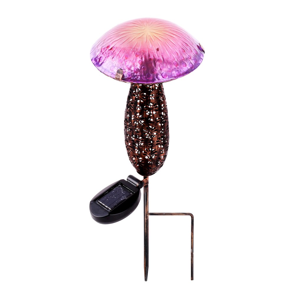 Metal And Glass Solar Mushroom Stake with LED - Pink And Purple. Picture 1