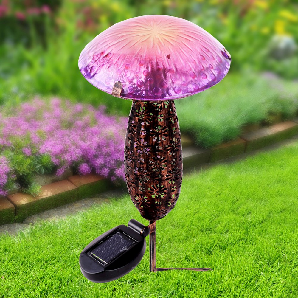 Metal And Glass Solar Mushroom Stake with LED - Pink And Purple. Picture 4