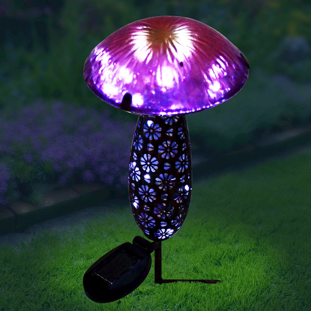 Metal And Glass Solar Mushroom Stake with LED - Pink And Purple. Picture 3