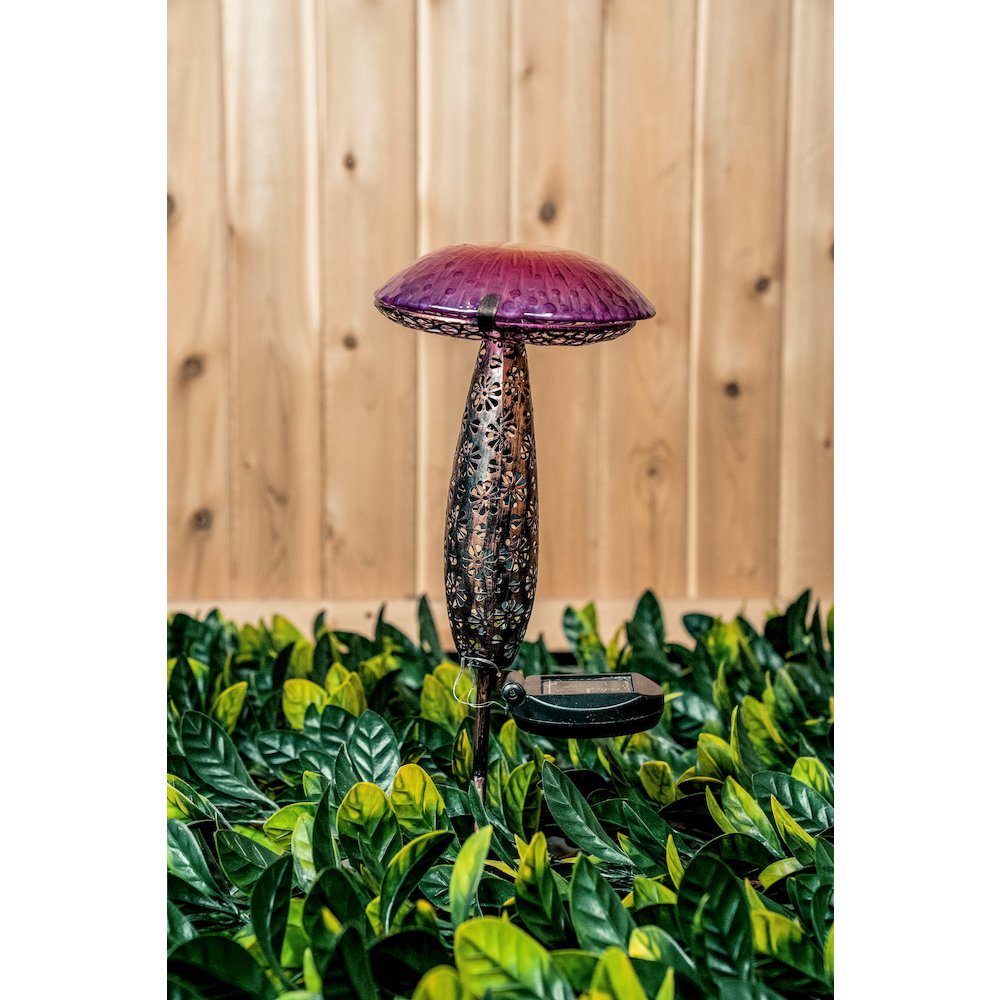 Metal And Glass Solar Mushroom Stake with LED - Pink And Purple. Picture 5