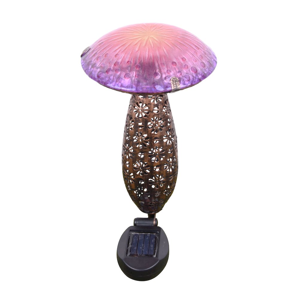 Metal And Glass Solar Mushroom Stake with LED - Pink And Purple. Picture 2