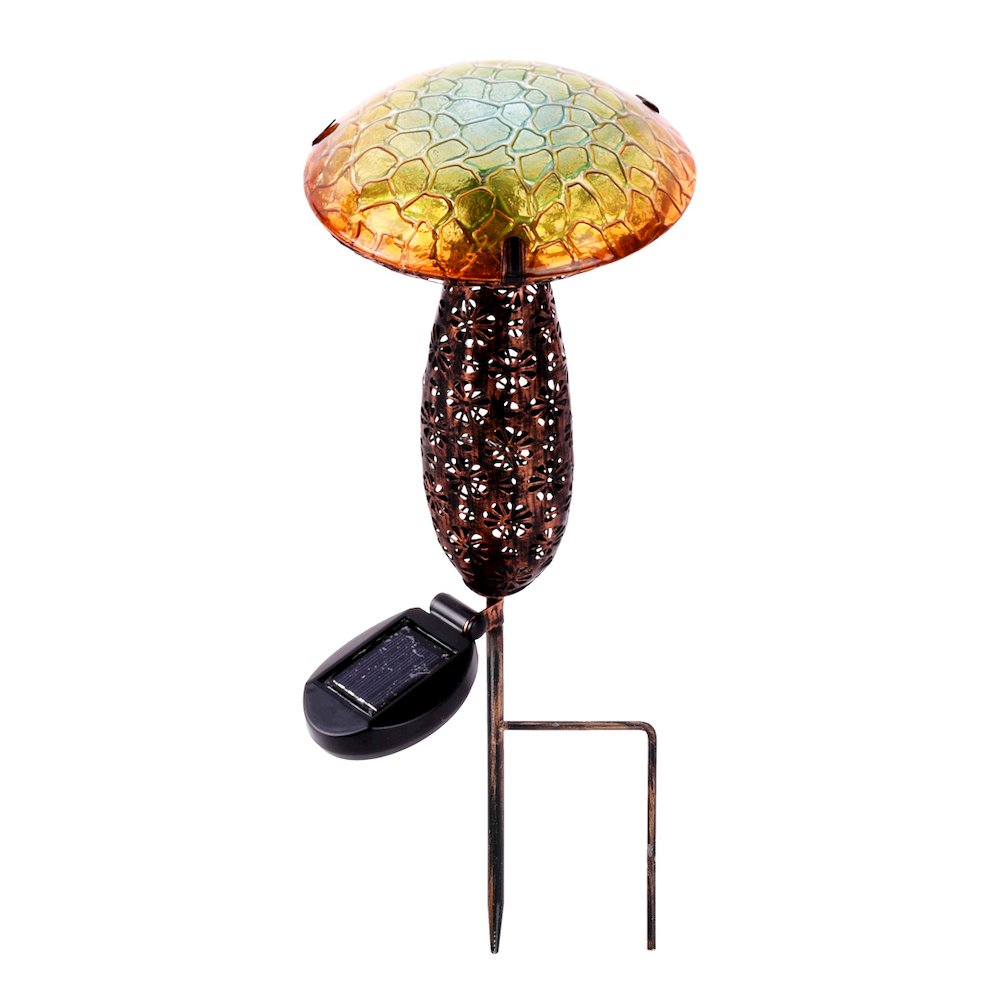 Metal And Glass Solar Mushroom Stake with LED - Yellow. Picture 1