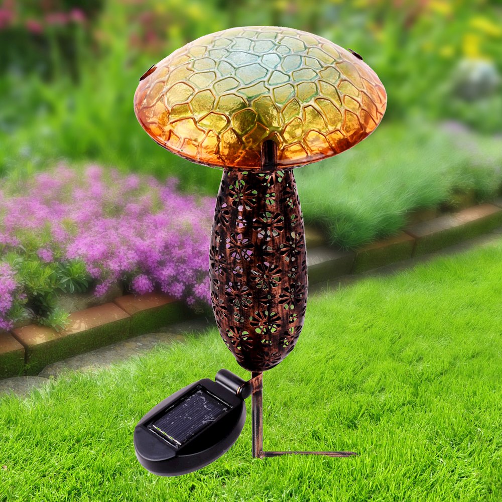 Metal And Glass Solar Mushroom Stake with LED - Yellow. Picture 3