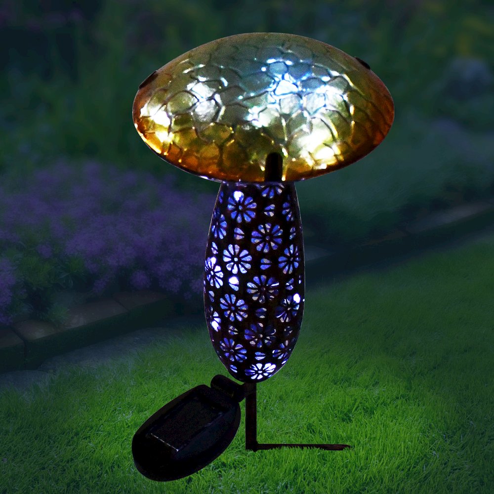 Metal And Glass Solar Mushroom Stake with LED - Yellow. Picture 2