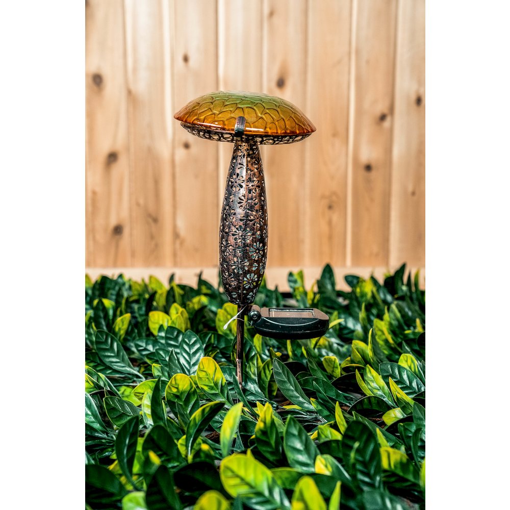 Metal And Glass Solar Mushroom Stake with LED - Yellow. Picture 5