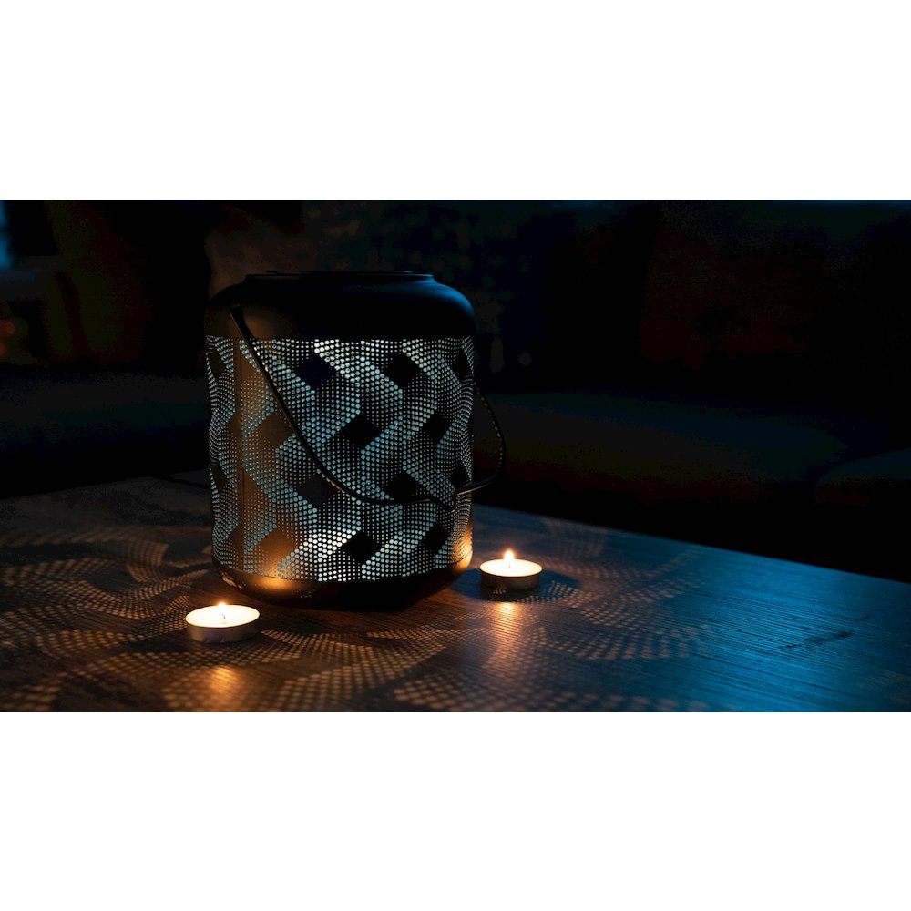 9In Solar Black And Blue Wave Metal Lantern with Ww LED. Picture 2