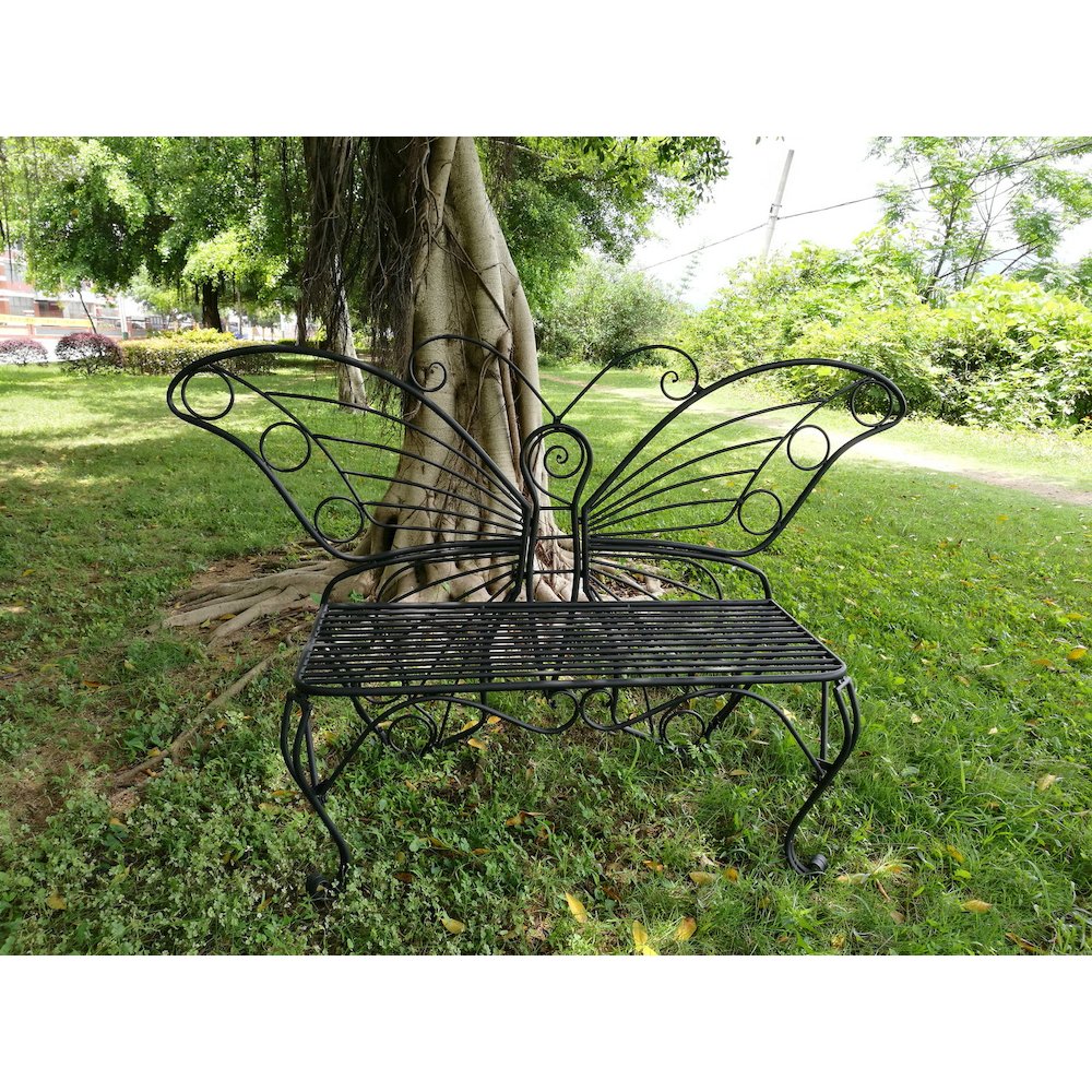 Antique Black Metal Butterfly Bench. Picture 4