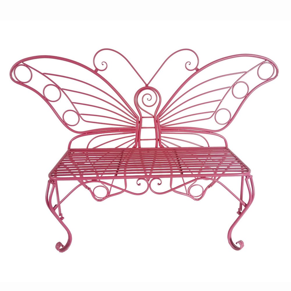 Pink Metal Butterfly Bench: Enchanting Outdoor Charm. Picture 1