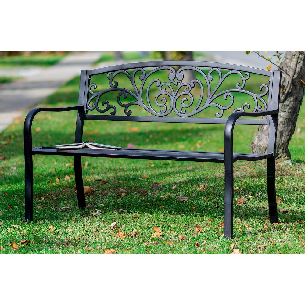 Garden Bench Black Scroll Backrest 50 Inch Long. Picture 3