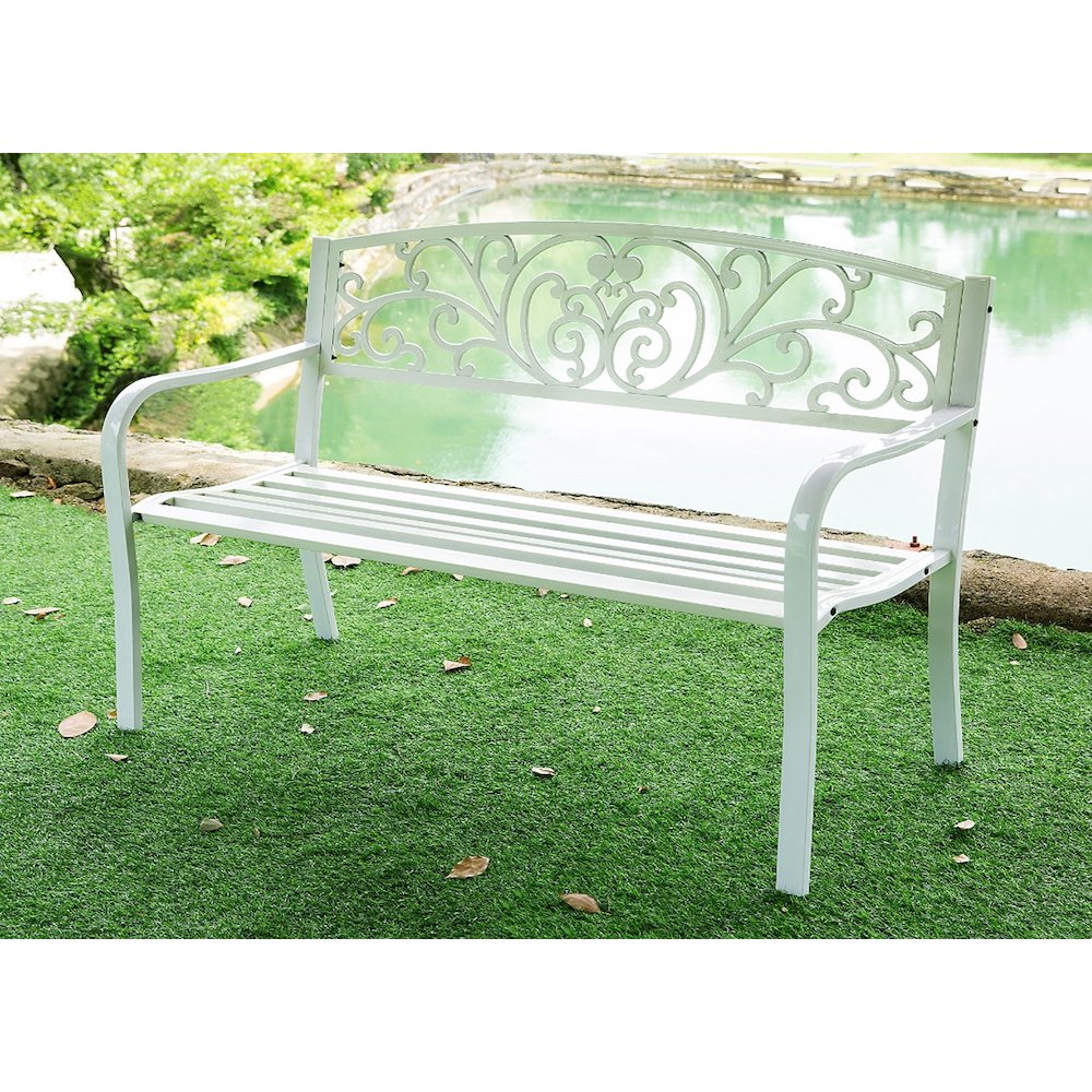 Garden Bench White Scroll Backrest 50 Inch Long. Picture 1