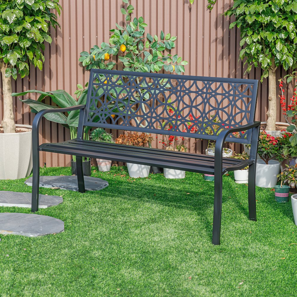 Classic Noir- Black All-Steel Garden Bench for Timeless Appeal. Picture 2