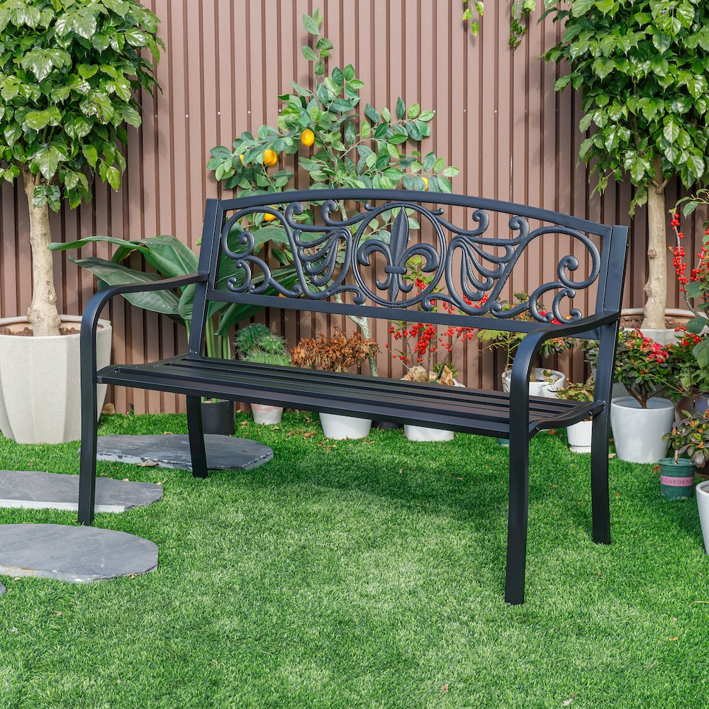 Sleek Black - Steel and Cast Iron Garden Bench in Timeless Black. Picture 2