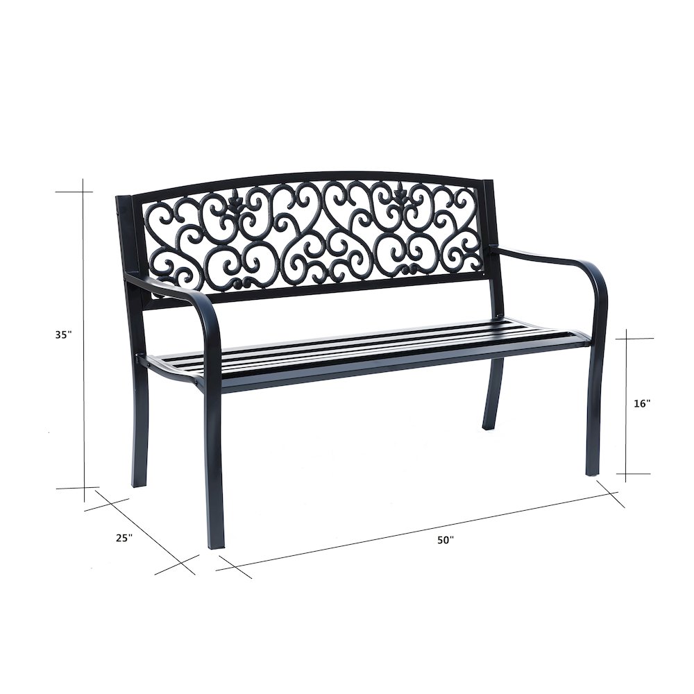 Iron Symphony- Steel and Cast Iron Garden Bench in Timeless Black. Picture 3