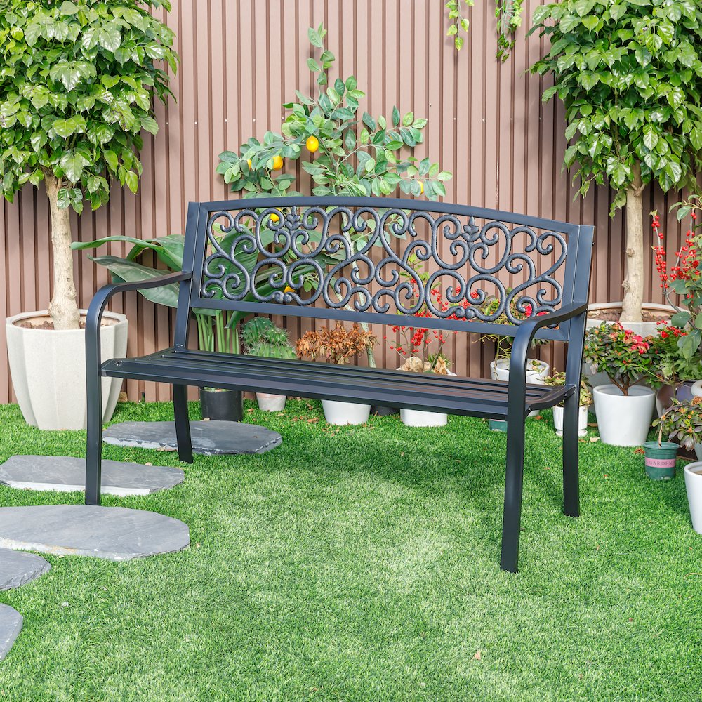 Iron Symphony- Steel and Cast Iron Garden Bench in Timeless Black. Picture 2