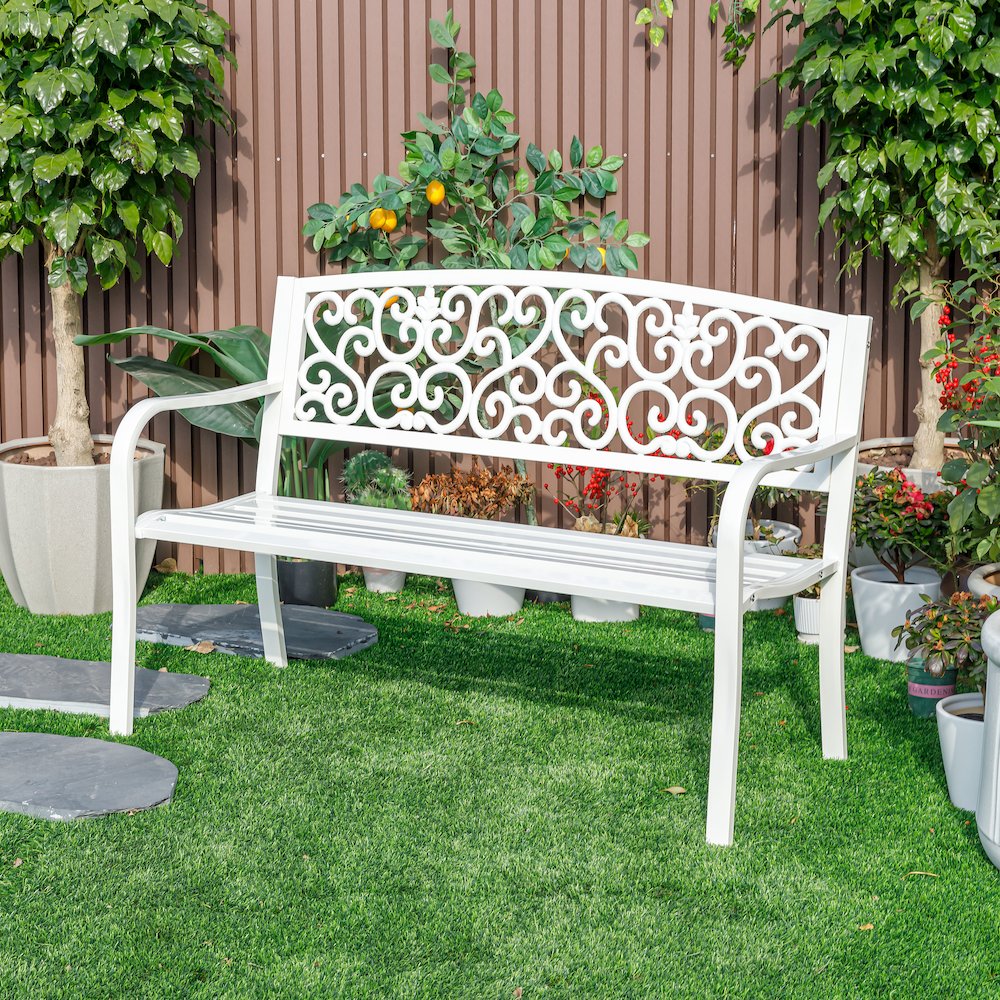 Harmony in White- Steel and Cast Iron Garden Bench for Outdoor Serenity. Picture 2