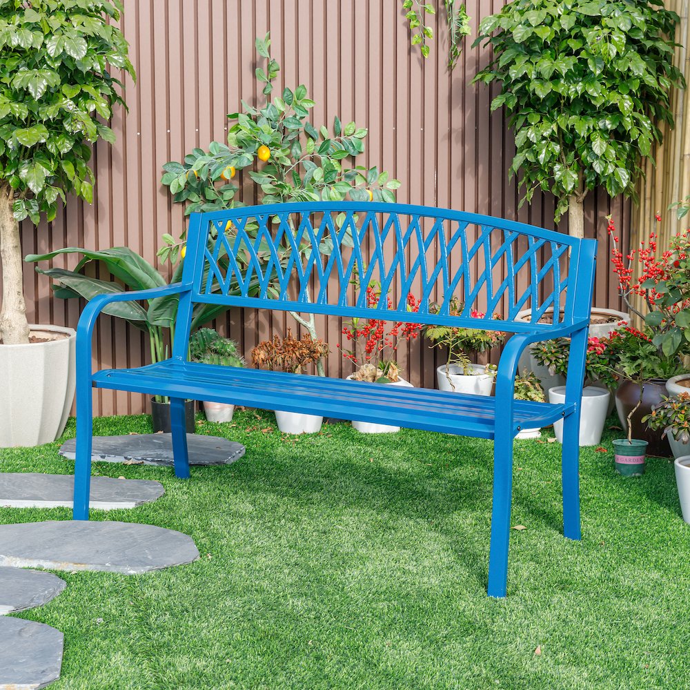 Blue Horizon Escape- Steel and Cast Iron Garden Bench for Relaxation. Picture 2