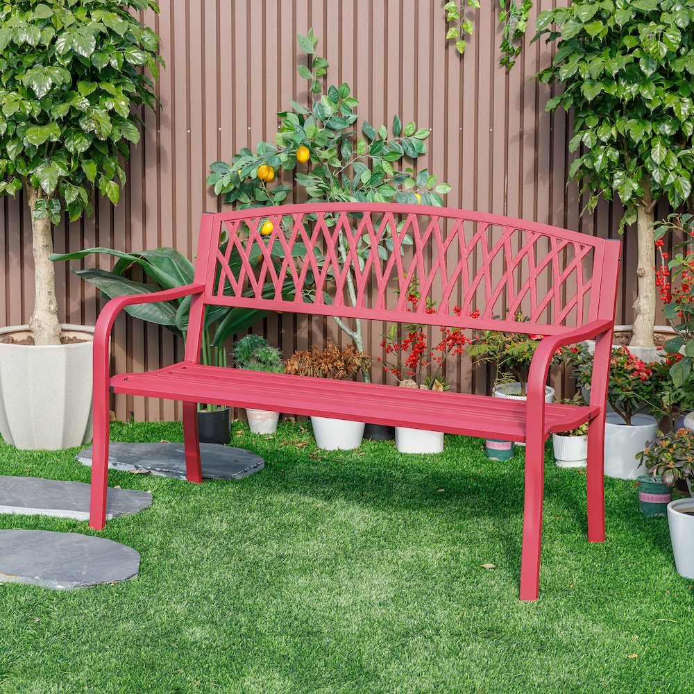 Passionate Red Reverie- Steel and Cast Iron Garden Bench. Picture 2