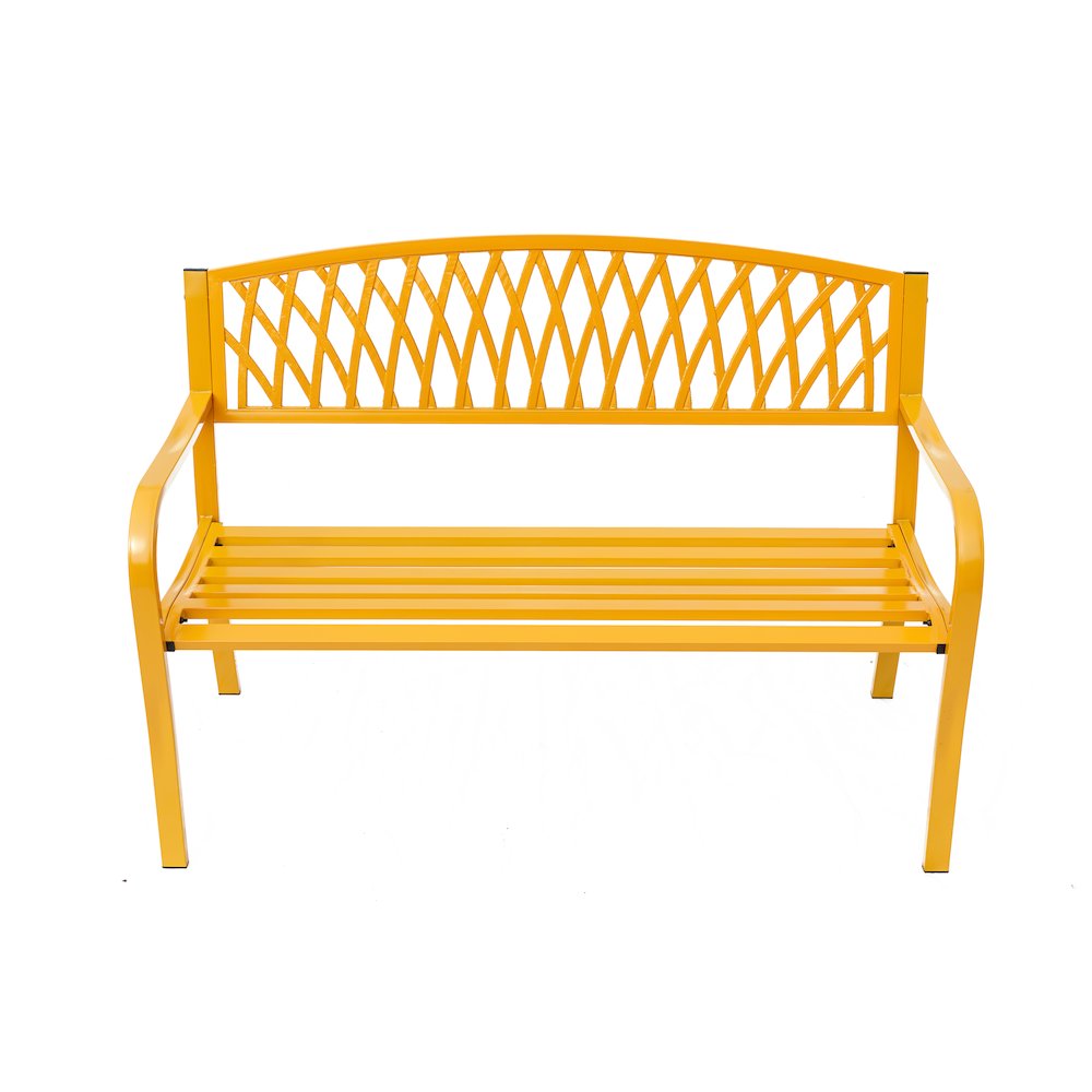 Sunny Days Ahead- Yellow Steel and Cast Iron Garden Bench. Picture 4