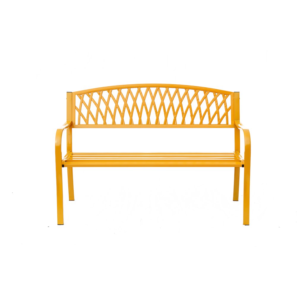Sunny Days Ahead- Yellow Steel and Cast Iron Garden Bench. Picture 5