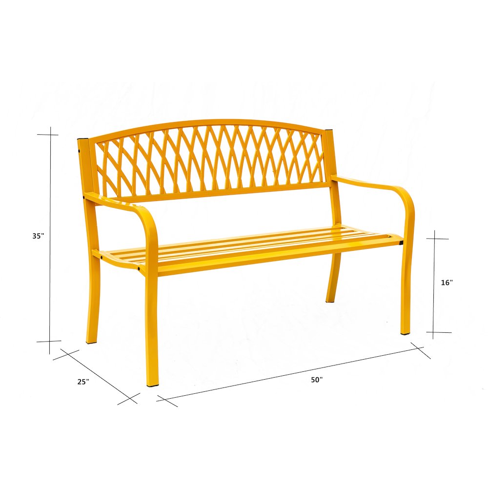 Sunny Days Ahead- Yellow Steel and Cast Iron Garden Bench. Picture 3