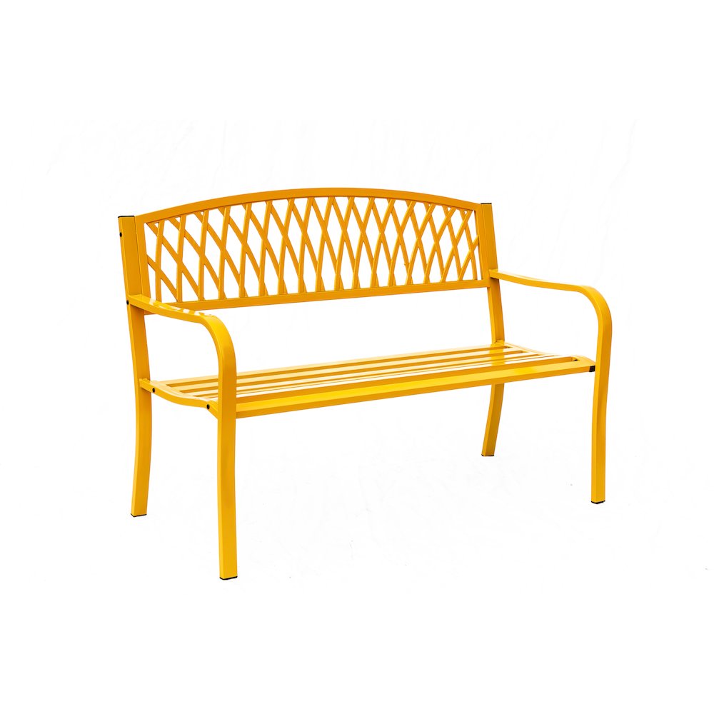 Sunny Days Ahead- Yellow Steel and Cast Iron Garden Bench. Picture 1