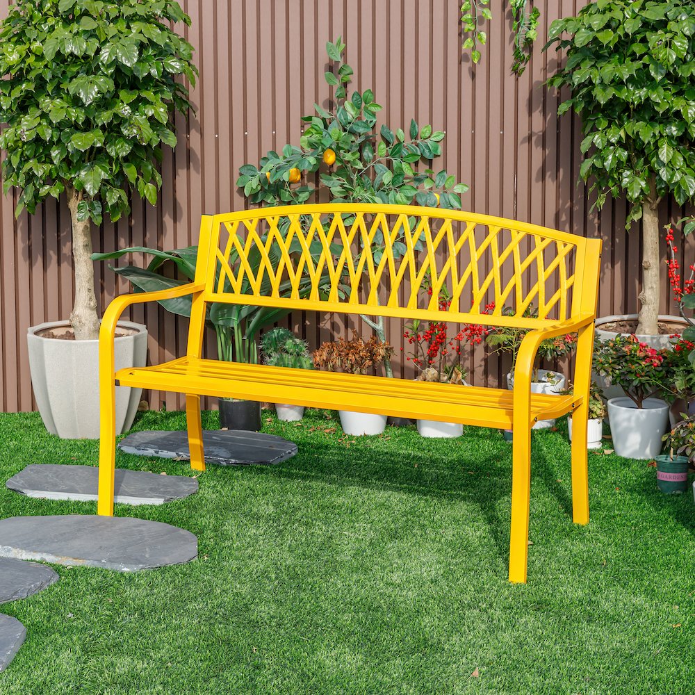 Sunny Days Ahead- Yellow Steel and Cast Iron Garden Bench. Picture 2