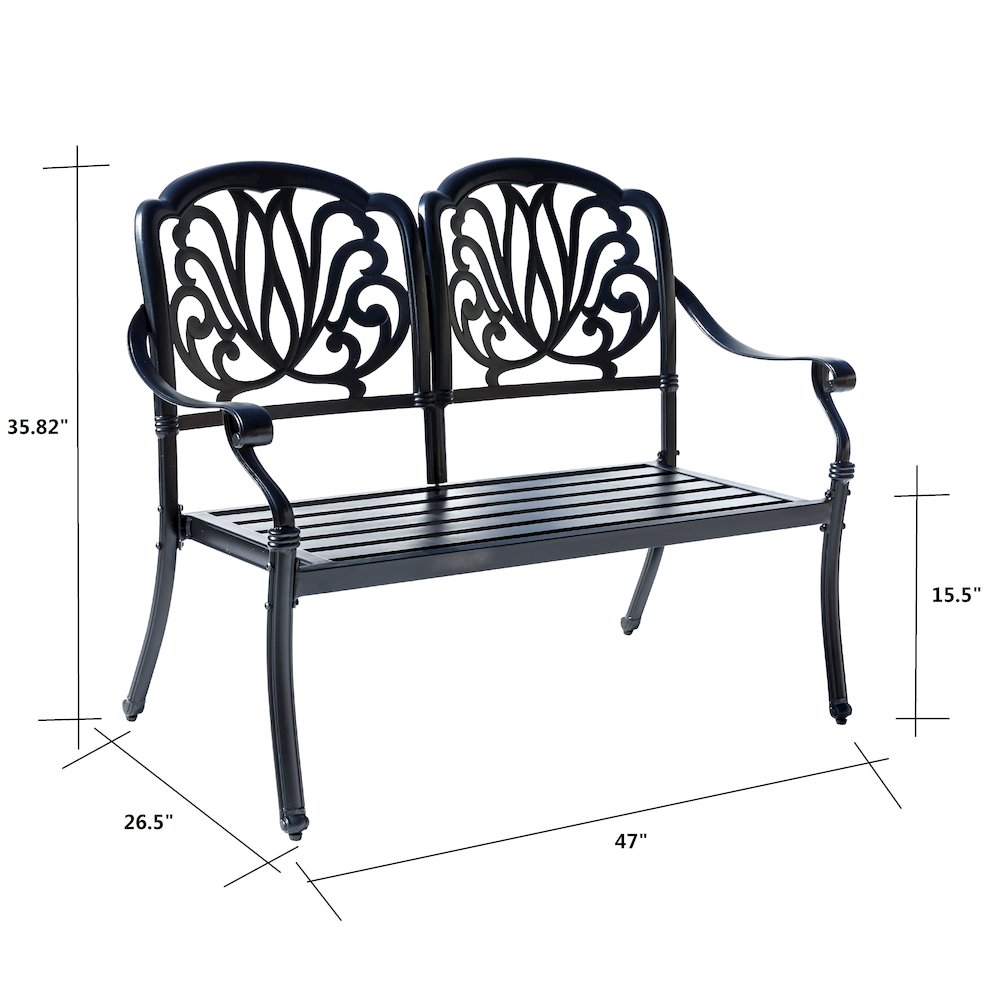Midnight Oasis- Black Cast Aluminium Garden Bench with Easy Assembly. Picture 5