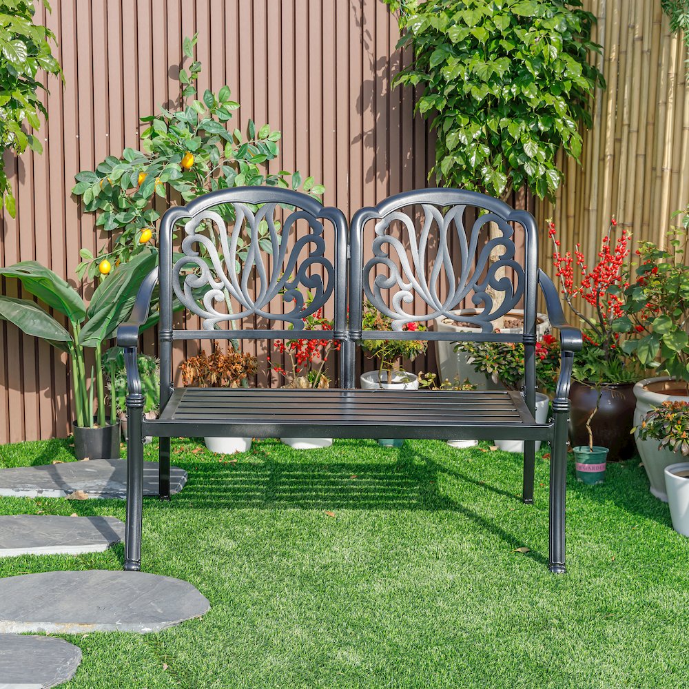 Midnight Oasis- Black Cast Aluminium Garden Bench with Easy Assembly. Picture 4