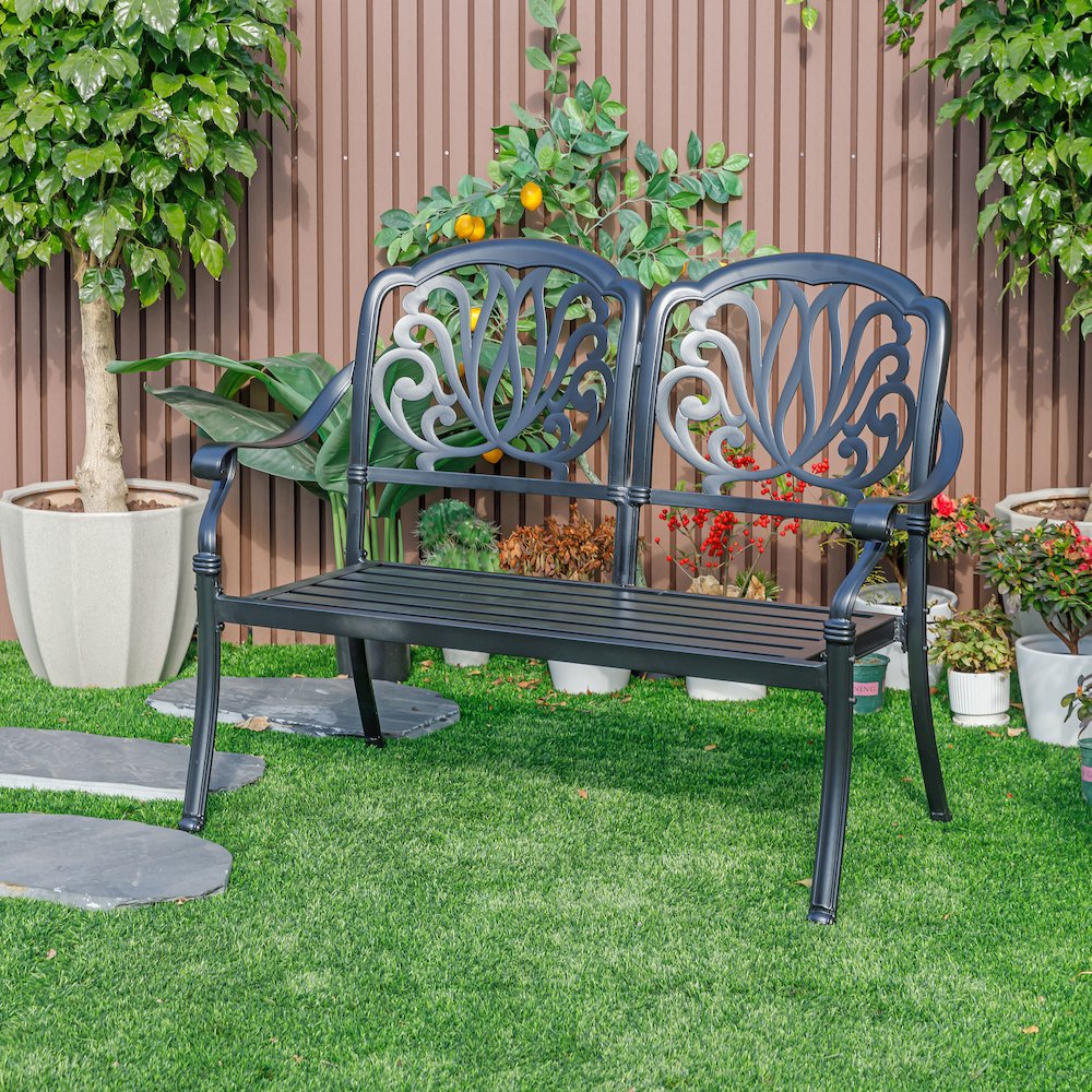 Midnight Oasis- Black Cast Aluminium Garden Bench with Easy Assembly. Picture 2