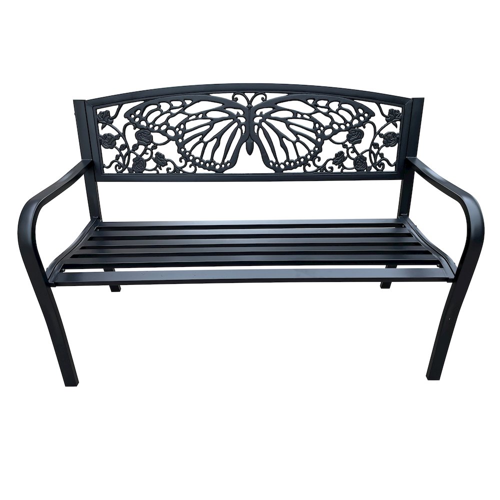 50" Outdoor Metal Garden Bench with Butterfly Backrest Design - Black. Picture 1