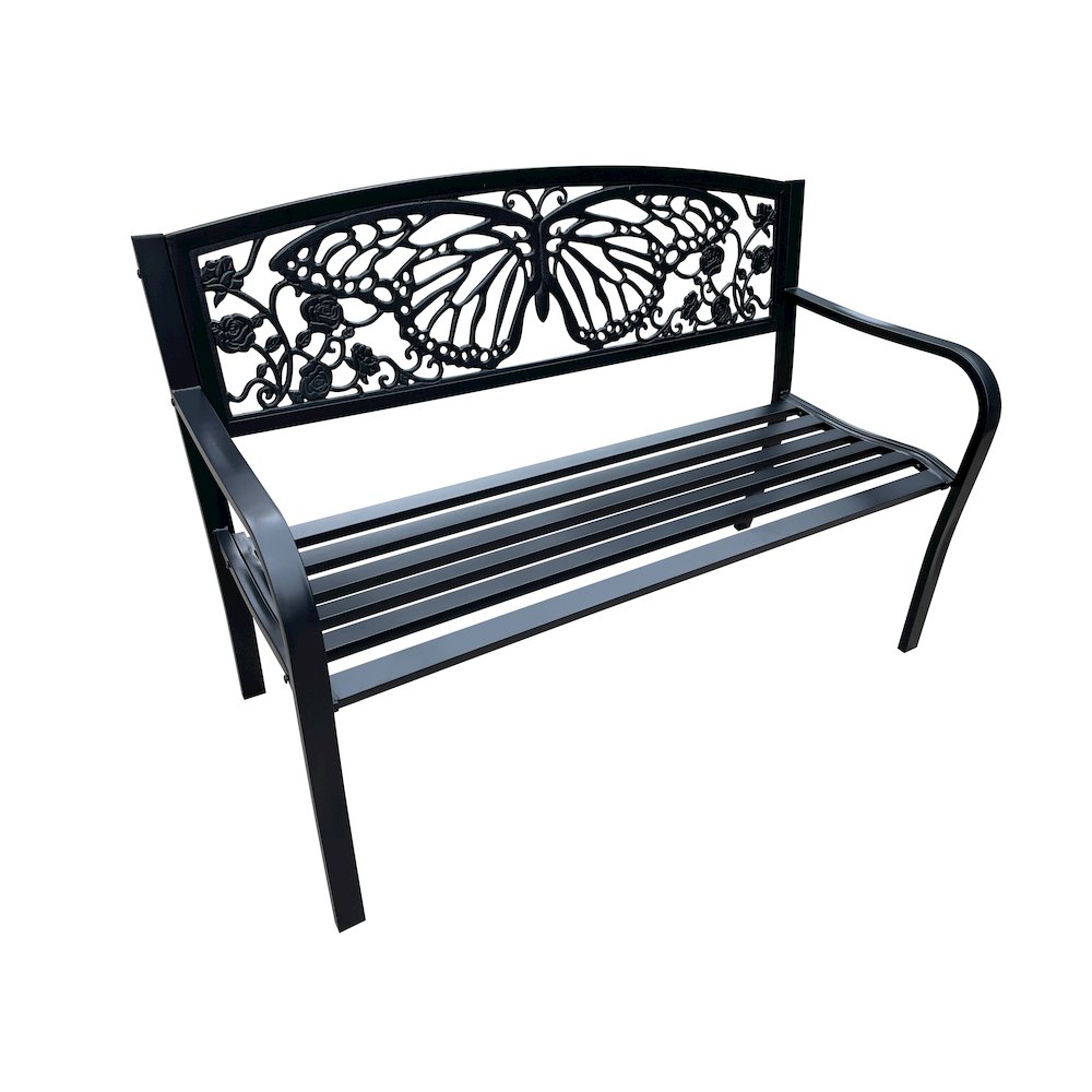 50" Outdoor Metal Garden Bench with Butterfly Backrest Design - Black. Picture 4