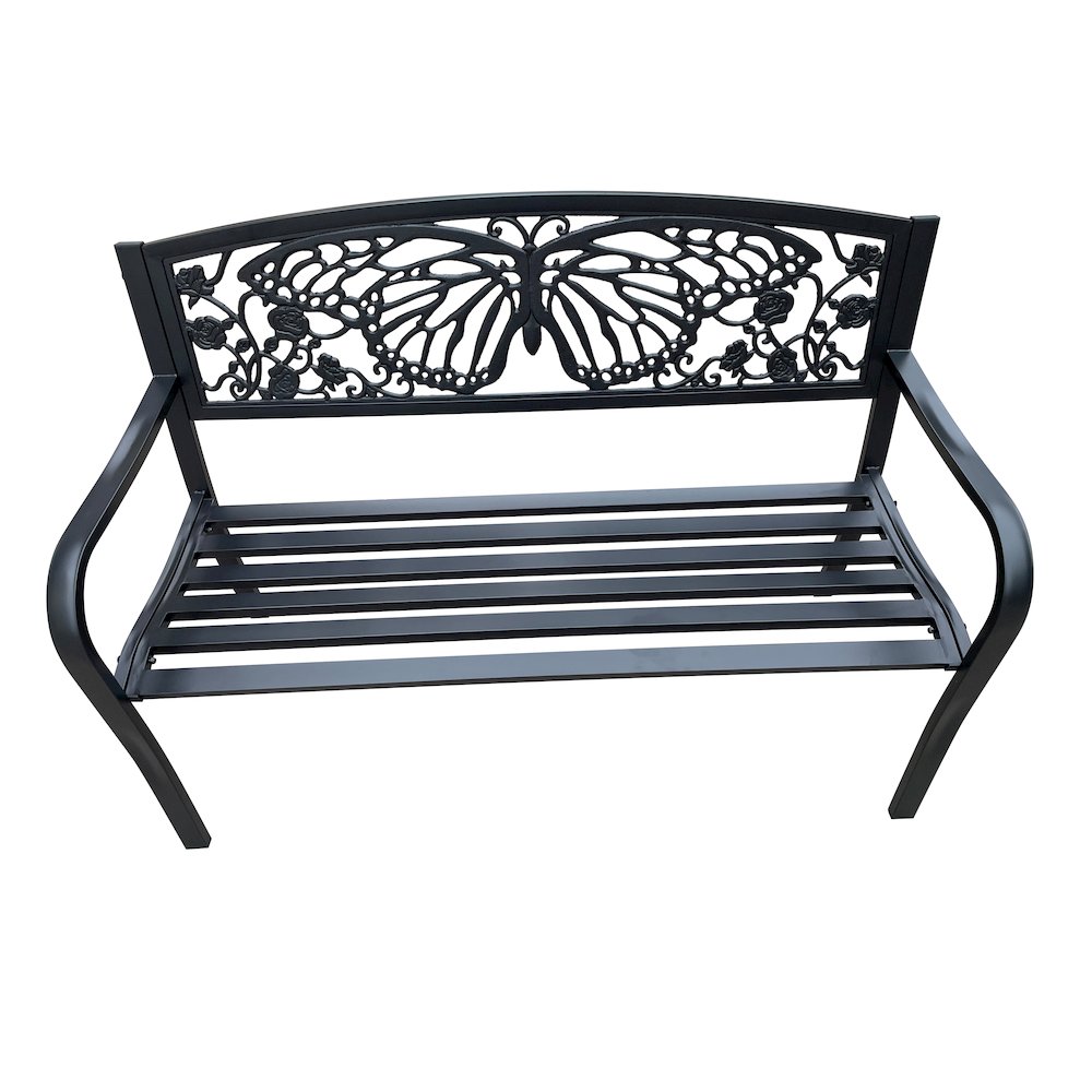 50" Outdoor Metal Garden Bench with Butterfly Backrest Design - Black. Picture 5