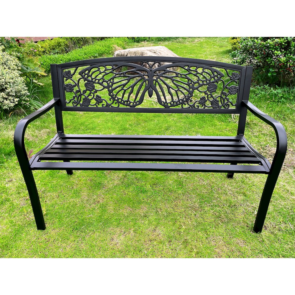 50" Outdoor Metal Garden Bench with Butterfly Backrest Design - Black. Picture 2