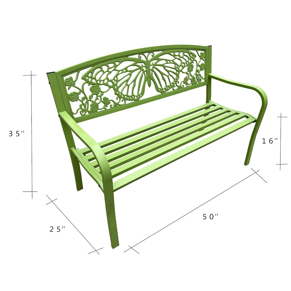 50" Outdoor Metal Garden Bench with Butterfly Backrest Design - Green. Picture 3