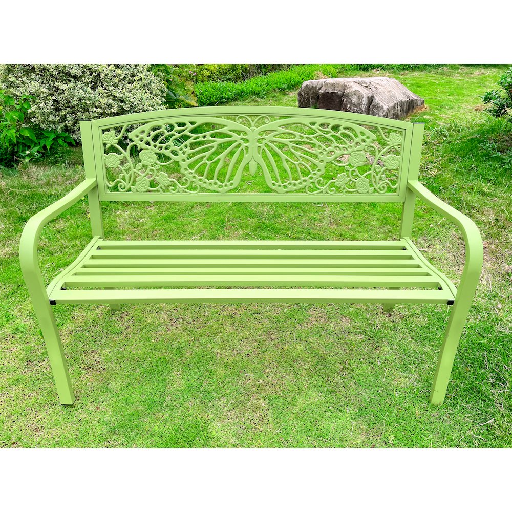 50" Outdoor Metal Garden Bench with Butterfly Backrest Design - Green. Picture 2