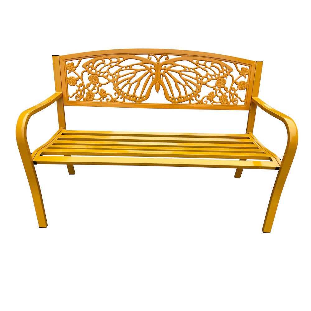 50" Outdoor Metal Garden Bench with Butterfly Design Backrest - Yellow. Picture 1