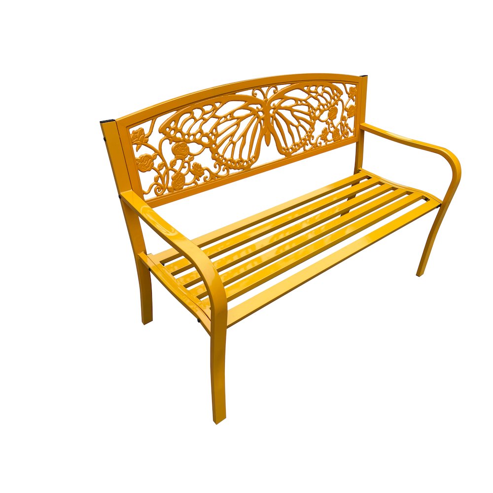 50" Outdoor Metal Garden Bench with Butterfly Design Backrest - Yellow. Picture 4