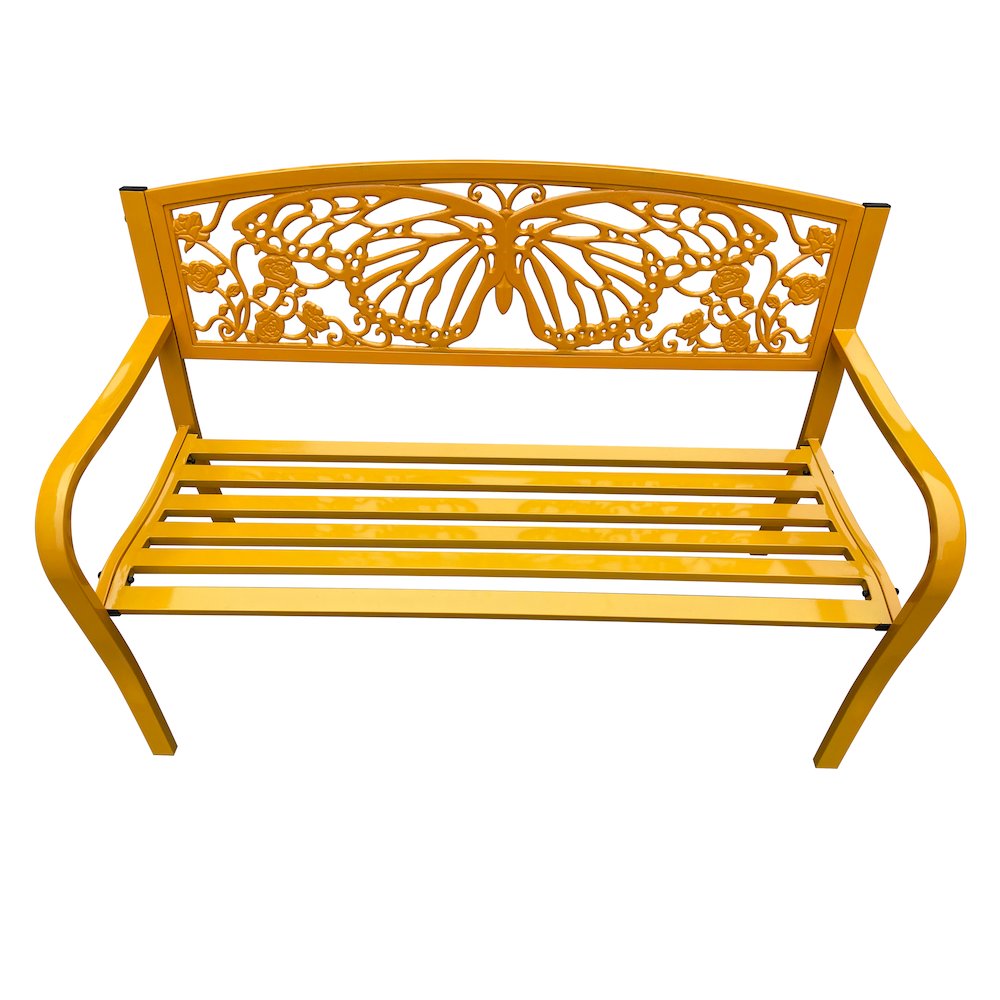 50" Outdoor Metal Garden Bench with Butterfly Design Backrest - Yellow. Picture 5