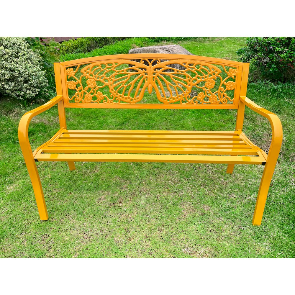 50" Outdoor Metal Garden Bench with Butterfly Design Backrest - Yellow. Picture 2