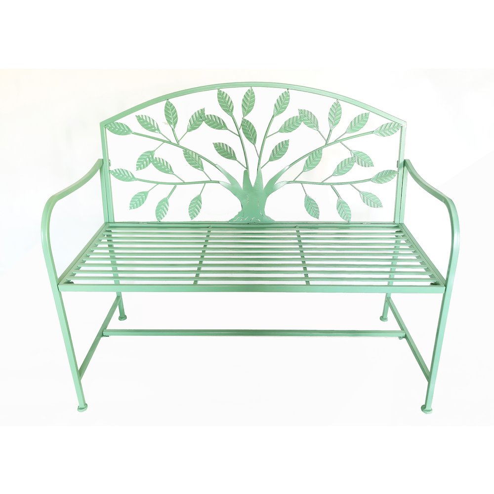 Blue Metal Garden Bench Tree Pattern. Picture 1