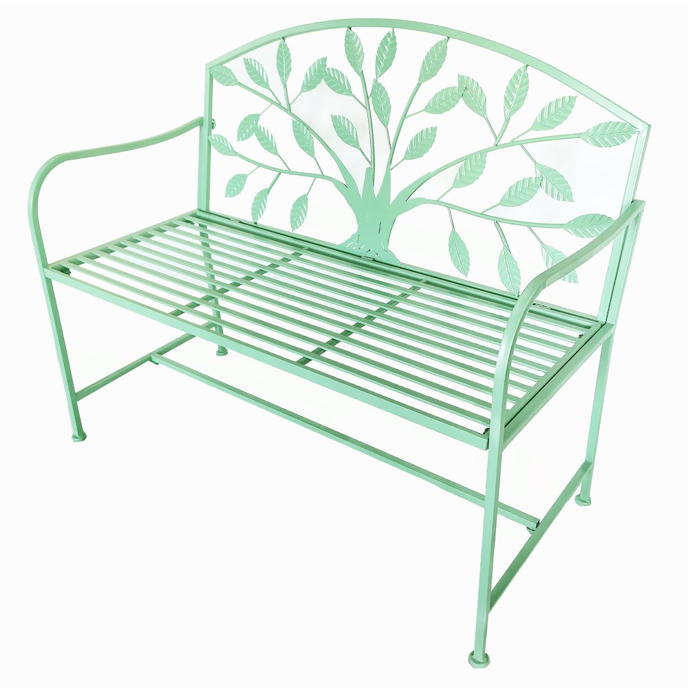 Blue Metal Garden Bench Tree Pattern. Picture 4