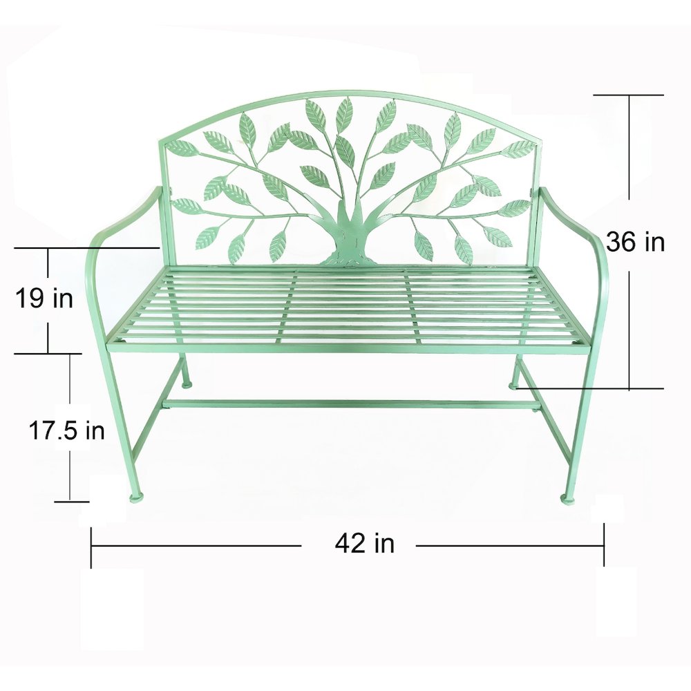 Blue Metal Garden Bench Tree Pattern. Picture 3